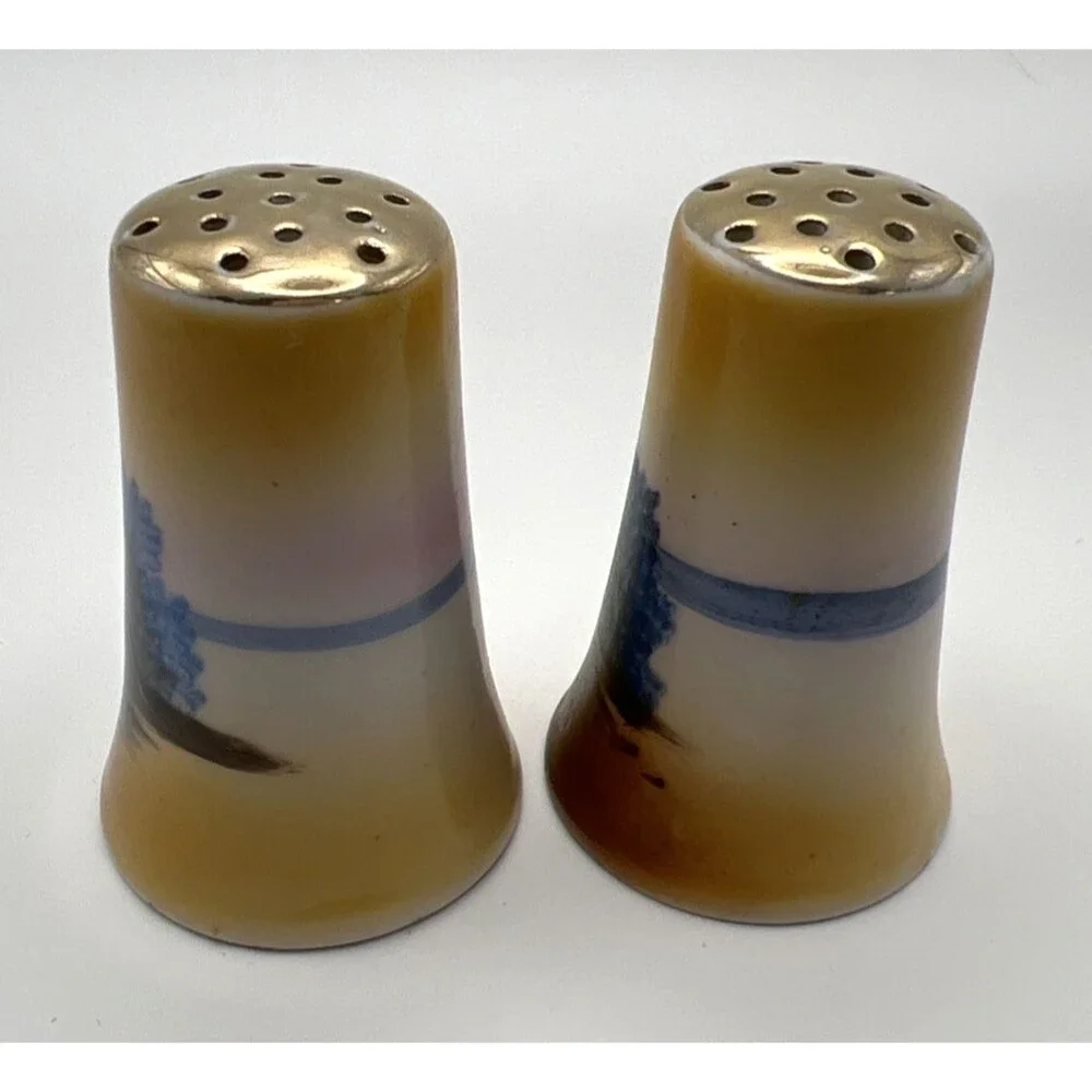 Vtg Chikaramachi of Japan Hand Painted Windmill Salt & Pepper Shakers Gold Tops